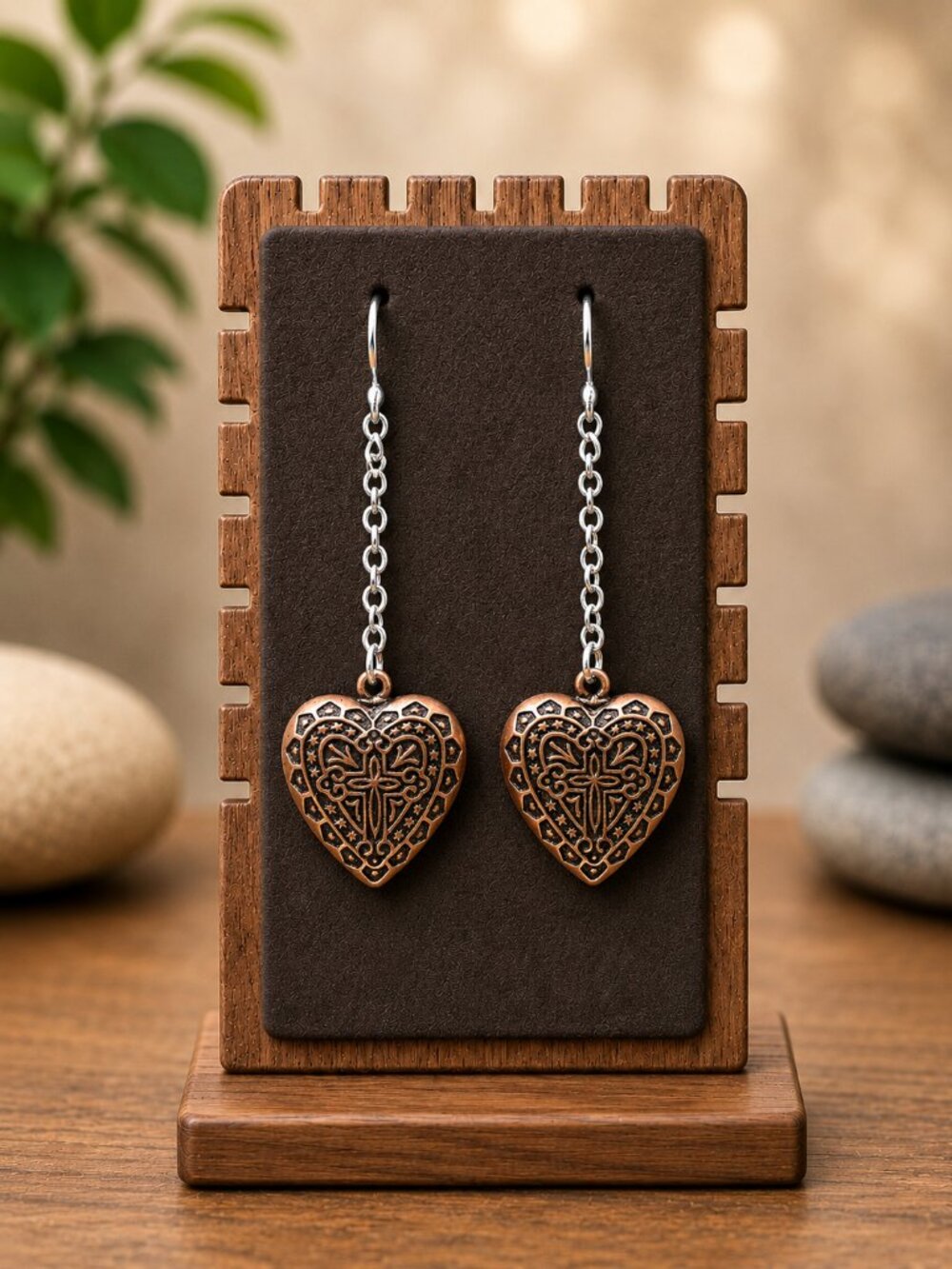 Antique Copper Filigree Heart Drop Earrings - Picture 4 of 6